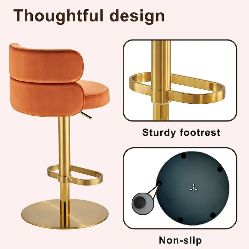 Tabouret de bar pivotant en velours avec hauteur réglable et piètement en métal