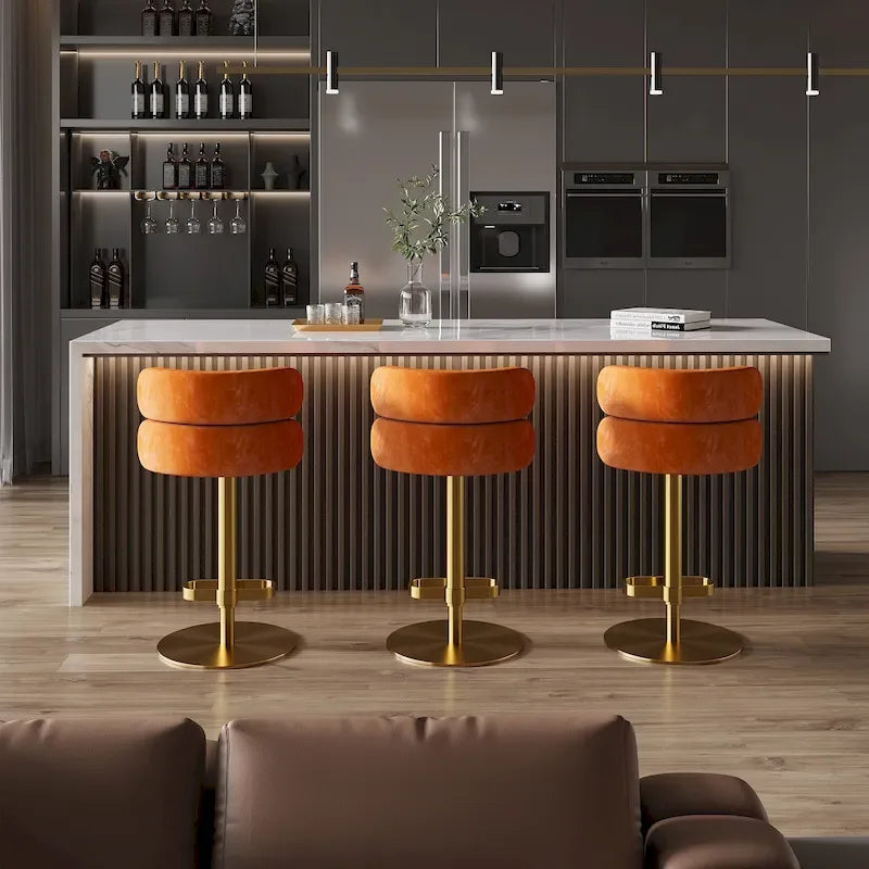 Tabouret de bar pivotant en velours avec hauteur réglable et piètement en métal