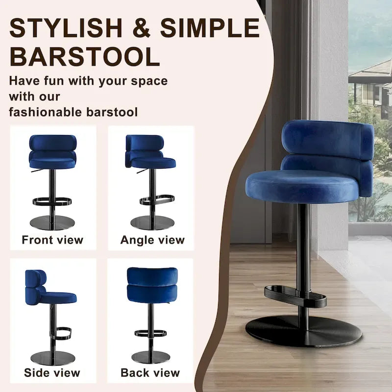 Tabouret de bar pivotant en velours avec hauteur réglable et piètement en métal