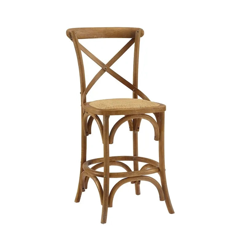 Tabouret de comptoir rustique à dossier croisé, en bois naturel avec assise en rotin, style ferme