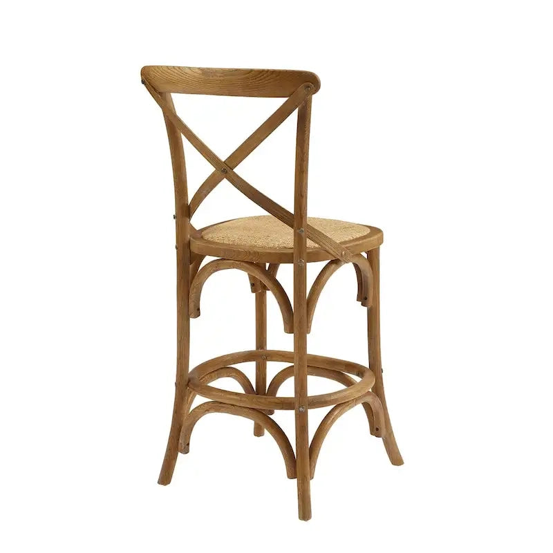 Tabouret de comptoir rustique à dossier croisé, en bois naturel avec assise en rotin, style ferme