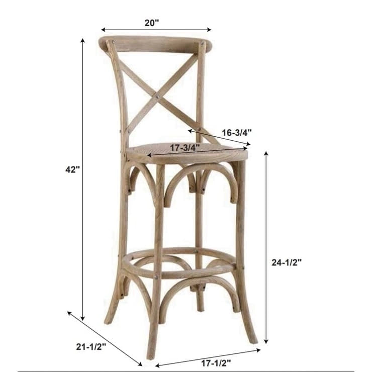 Tabouret de comptoir rustique à dossier croisé, en bois naturel avec assise en rotin, style ferme