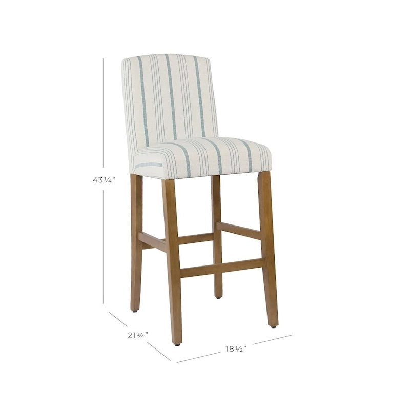 Tabouret de bar Parsons classique à dossier haut, rembourré à rayures bleues, pieds en chêne miel