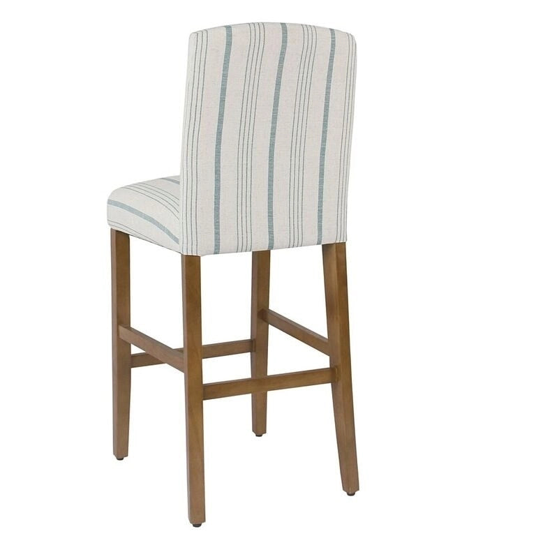 Tabouret de bar Parsons classique à dossier haut, rembourré à rayures bleues, pieds en chêne miel