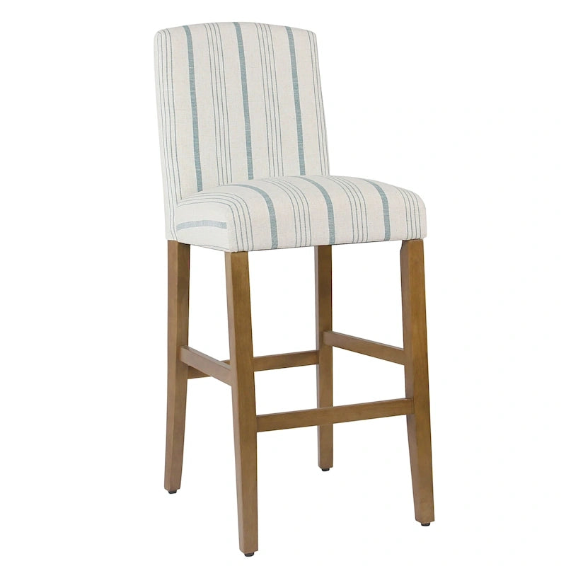 Tabouret de bar Parsons classique à dossier haut, rembourré à rayures bleues, pieds en chêne miel