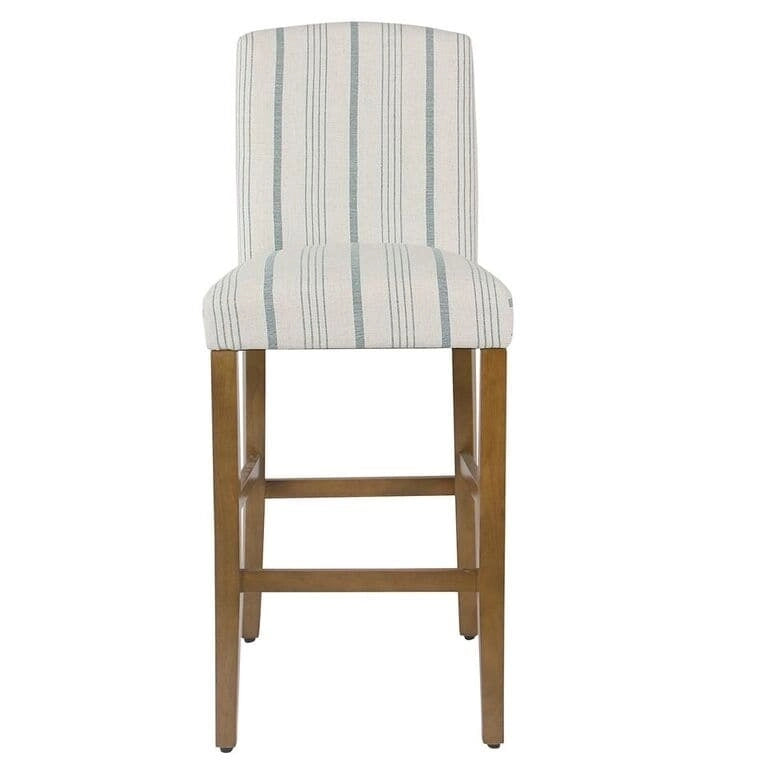 Tabouret de bar Parsons classique à dossier haut, rembourré à rayures bleues, pieds en chêne miel