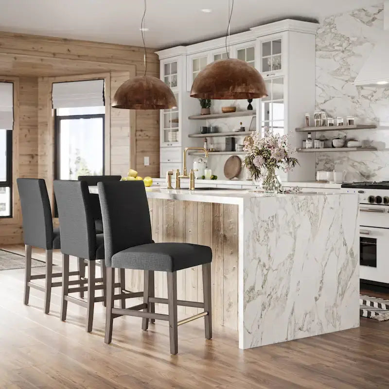 Tabouret de bar rembourré hauteur comptoir avec pieds en bois massif beige