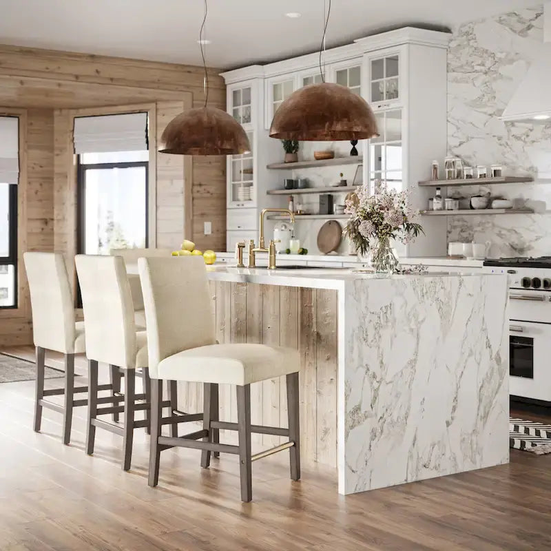 Tabouret de bar rembourré hauteur comptoir avec pieds en bois massif beige