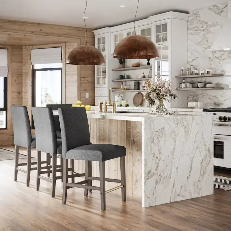 Tabouret de bar rembourré hauteur comptoir avec pieds en bois massif beige