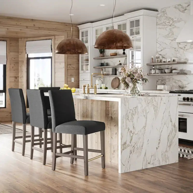 Tabouret de bar rembourré hauteur comptoir avec pieds en bois massif beige