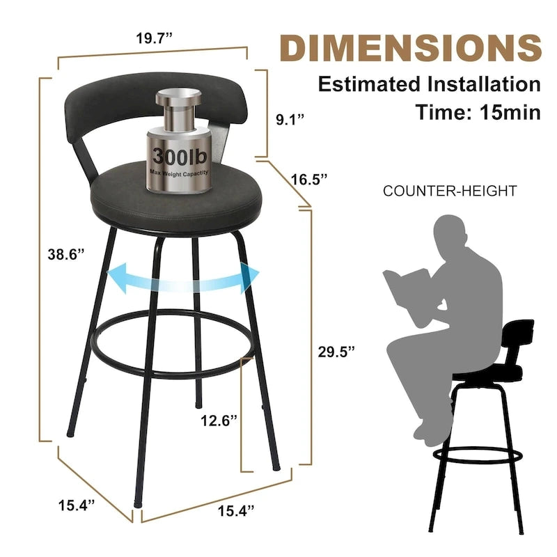 Tabouret de bar industriel pivotant rembourré en similicuir avec cadre en métal
