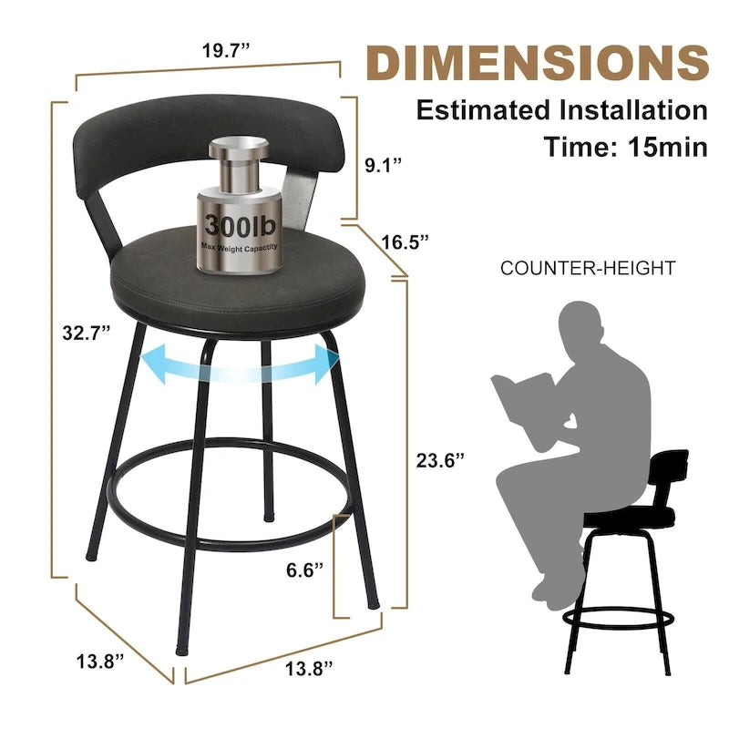 Tabouret de bar industriel pivotant rembourré en similicuir avec cadre en métal