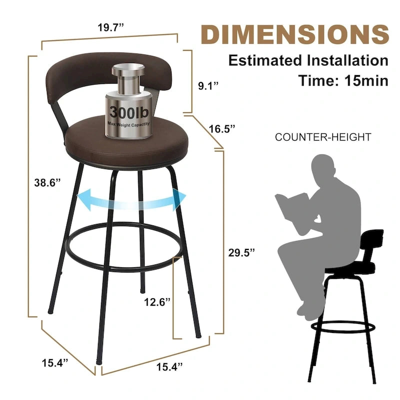 Tabouret de bar industriel pivotant rembourré en similicuir avec cadre en métal