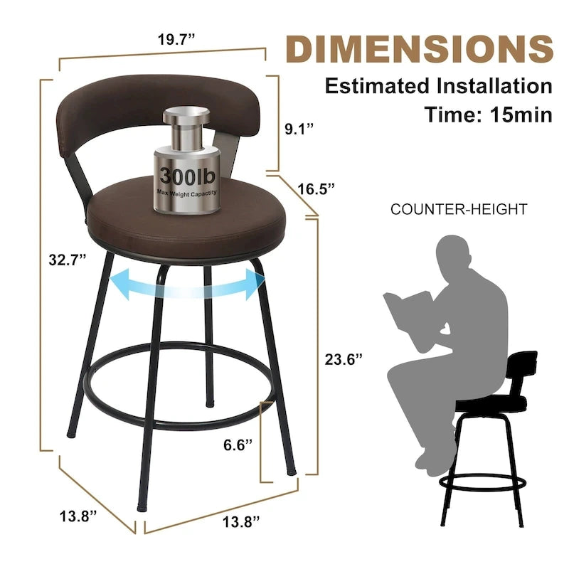 Tabouret de bar industriel pivotant rembourré en similicuir avec cadre en métal