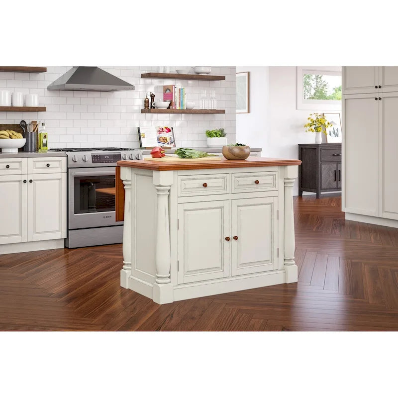 Îlot de cuisine en bois blanc cassé avec plateau rabattable en bois dur et tiroirs de rangement