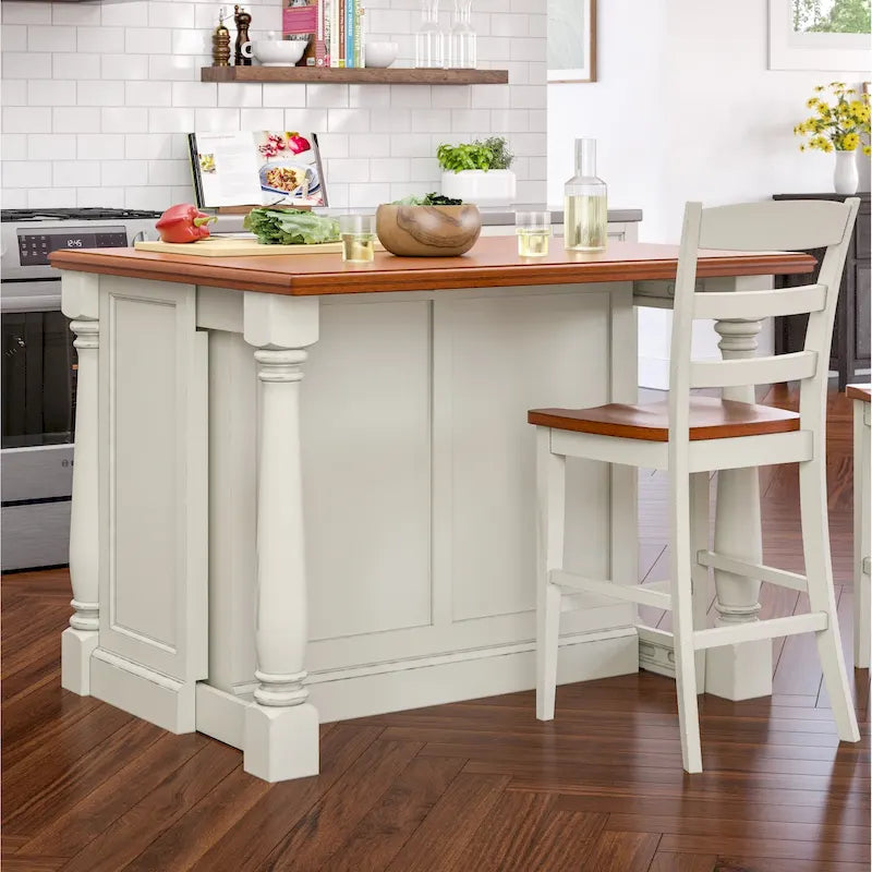 Îlot de cuisine en bois blanc cassé avec plateau rabattable en bois dur et tiroirs de rangement