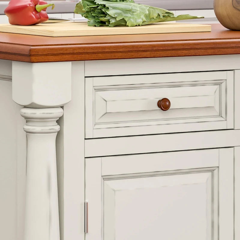 Îlot de cuisine en bois blanc cassé avec plateau rabattable en bois dur et tiroirs de rangement