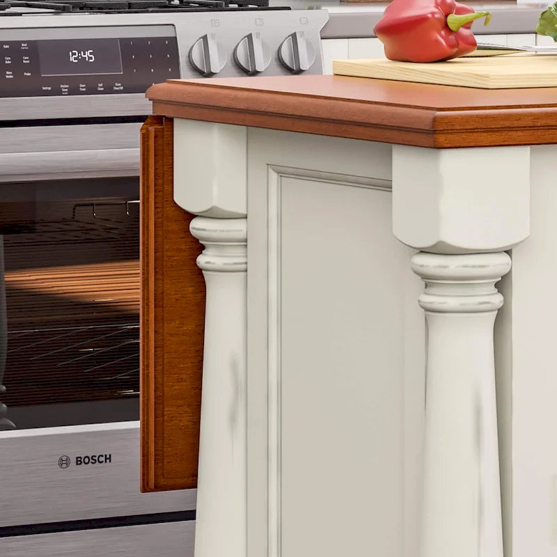 Îlot de cuisine en bois blanc cassé avec plateau rabattable en bois dur et tiroirs de rangement