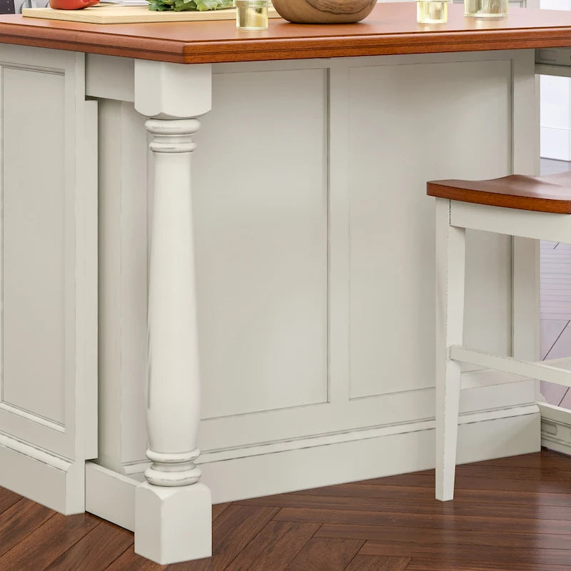 Îlot de cuisine en bois blanc cassé avec plateau rabattable en bois dur et tiroirs de rangement