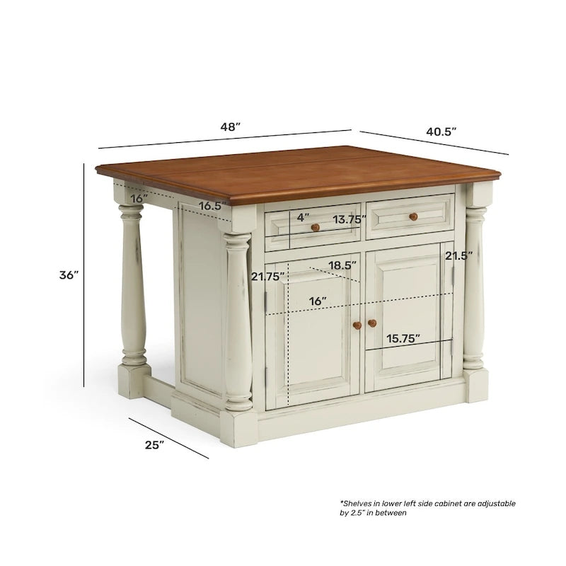 Îlot de cuisine en bois blanc cassé avec plateau rabattable en bois dur et tiroirs de rangement