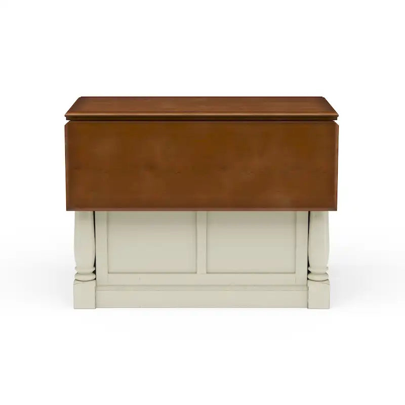 Îlot de cuisine en bois blanc cassé avec plateau rabattable en bois dur et tiroirs de rangement