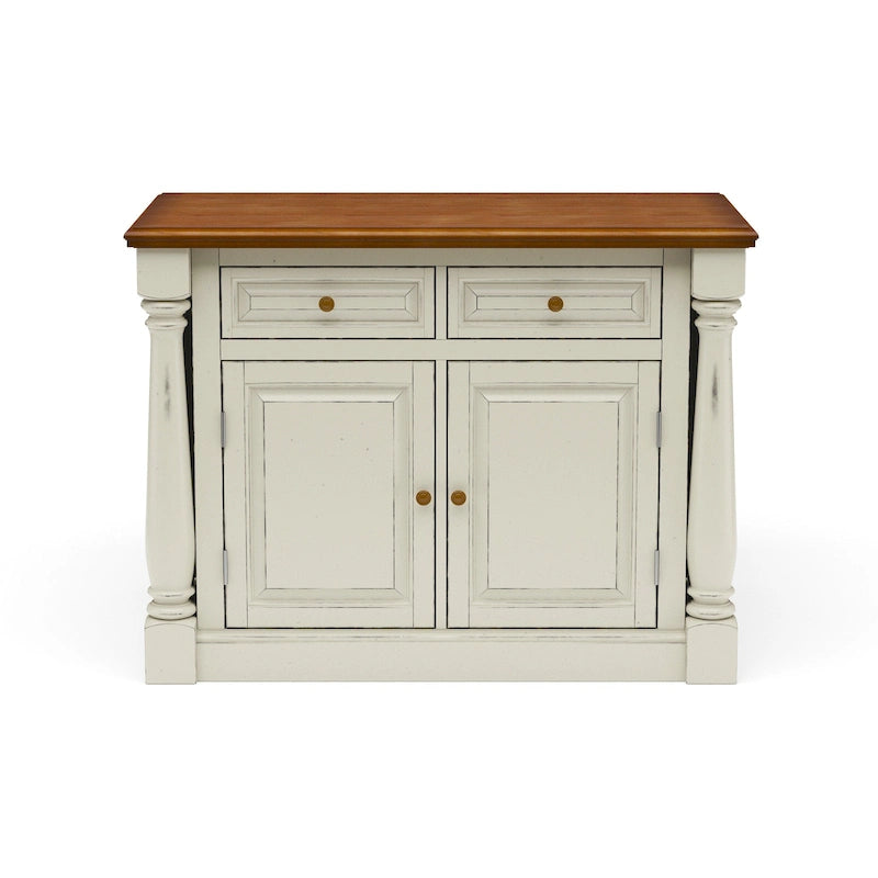 Îlot de cuisine en bois blanc cassé avec plateau rabattable en bois dur et tiroirs de rangement
