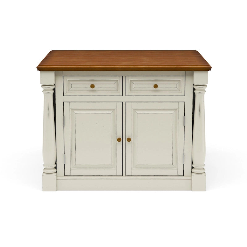 Îlot de cuisine en bois blanc cassé avec plateau rabattable en bois dur et tiroirs de rangement