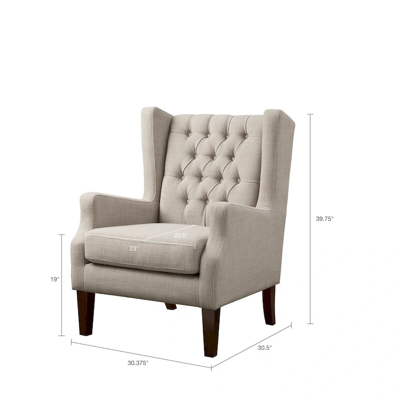 Fauteuil d'appoint dossier haut capitonné en lin avec accoudoirs inclinés et pieds en orme