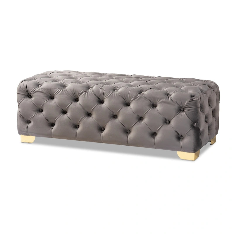 Banc Pouf capitonné en velours avec pieds dorés, plusieurs coloris disponibles