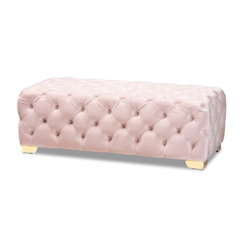 Banc Pouf capitonné en velours avec pieds dorés, plusieurs coloris disponibles