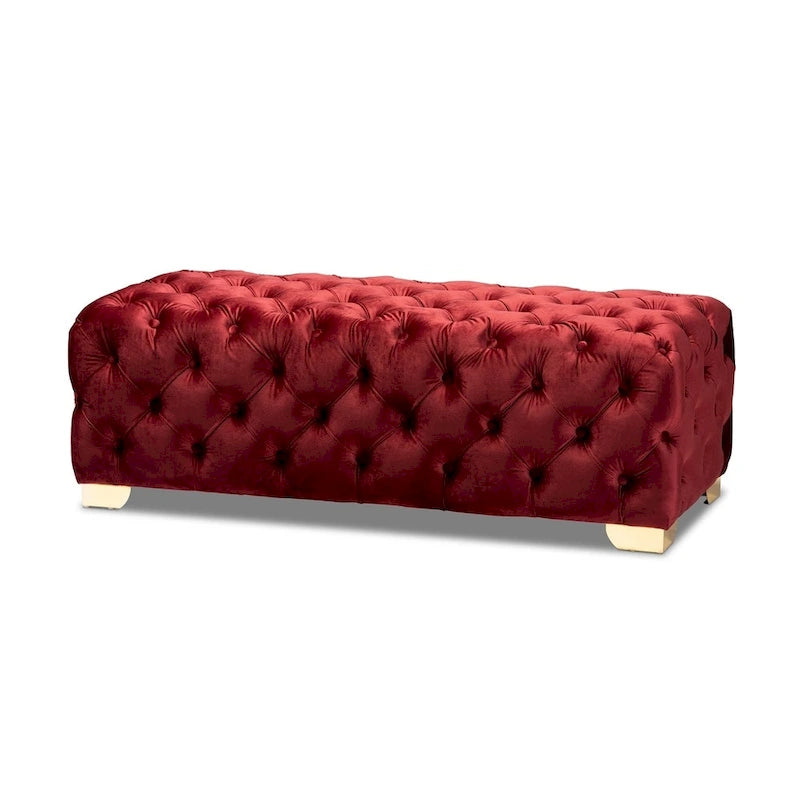Banc Pouf capitonné en velours avec pieds dorés, plusieurs coloris disponibles