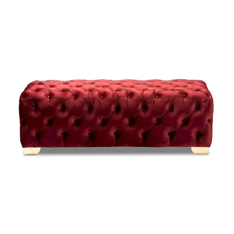 Banc Pouf capitonné en velours avec pieds dorés, plusieurs coloris disponibles