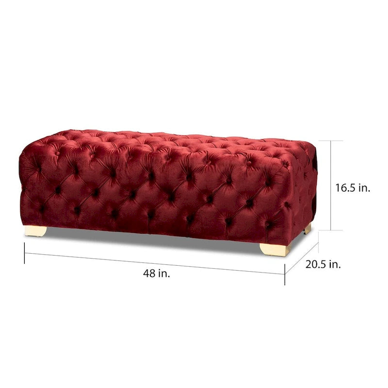 Banc Pouf capitonné en velours avec pieds dorés, plusieurs coloris disponibles