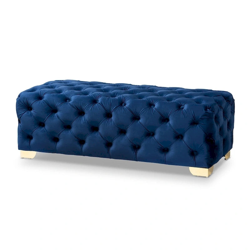 Banc Pouf capitonné en velours avec pieds dorés, plusieurs coloris disponibles
