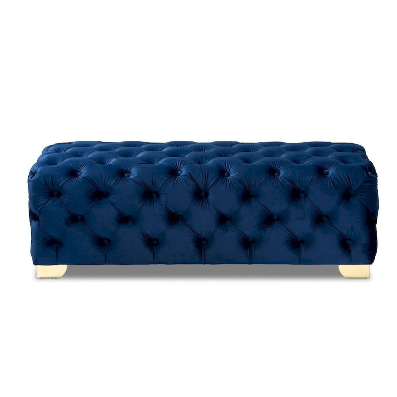 Banc Pouf capitonné en velours avec pieds dorés, plusieurs coloris disponibles