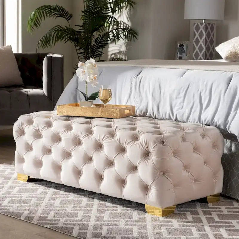 Banc Pouf capitonné en velours avec pieds dorés, plusieurs coloris disponibles