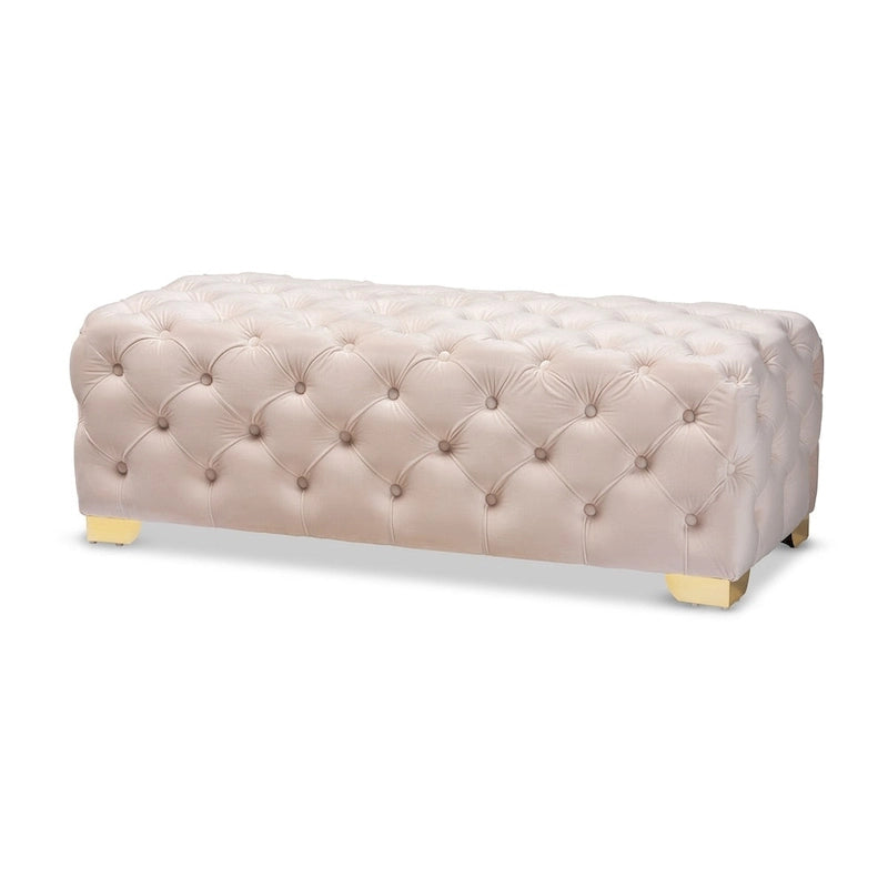Banc Pouf capitonné en velours avec pieds dorés, plusieurs coloris disponibles