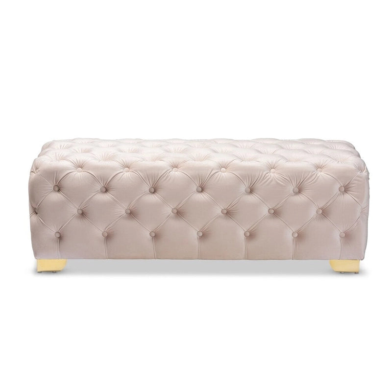 Banc Pouf capitonné en velours avec pieds dorés, plusieurs coloris disponibles