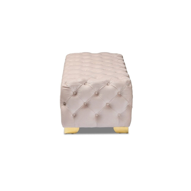 Banc Pouf capitonné en velours avec pieds dorés, plusieurs coloris disponibles