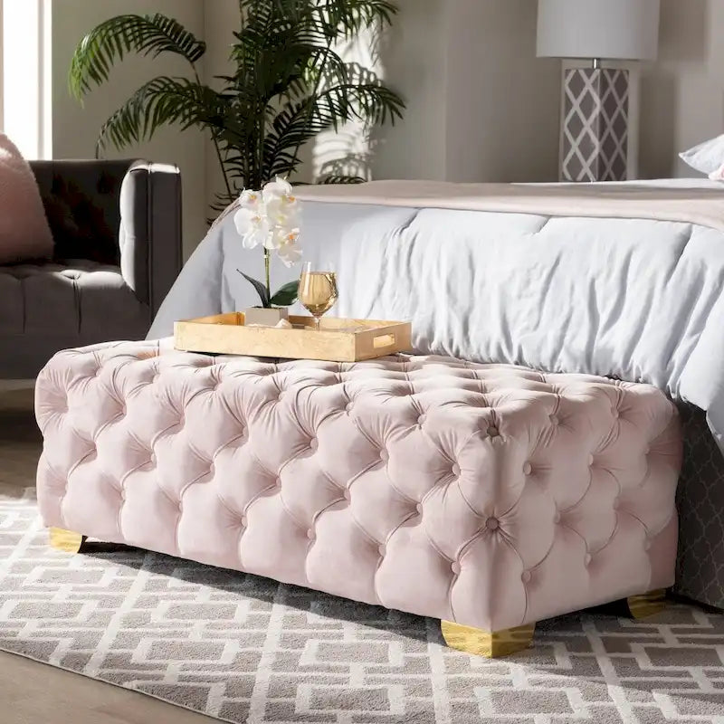 Banc Pouf capitonné en velours avec pieds dorés, plusieurs coloris disponibles