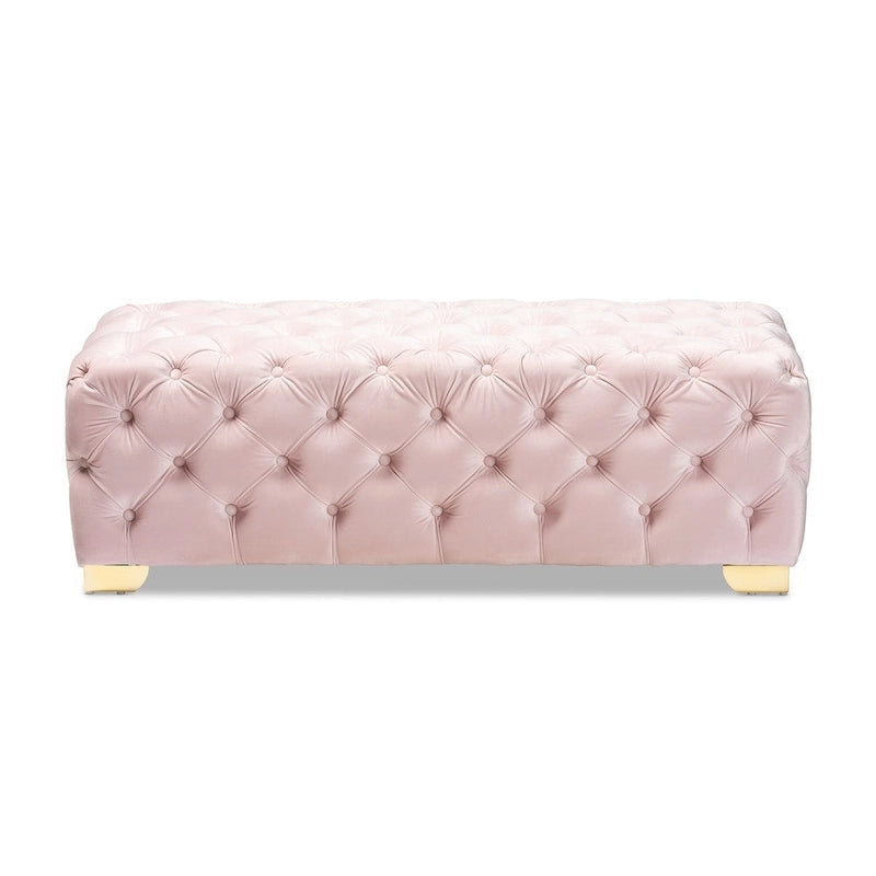 Banc Pouf capitonné en velours avec pieds dorés, plusieurs coloris disponibles