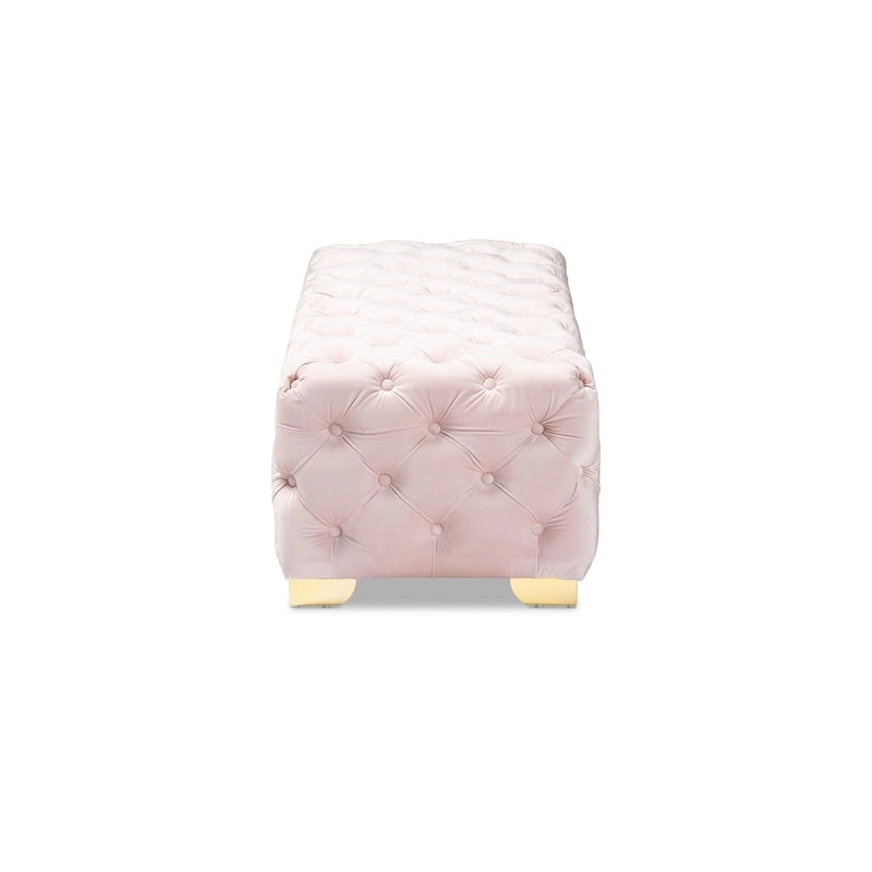Banc Pouf capitonné en velours avec pieds dorés, plusieurs coloris disponibles
