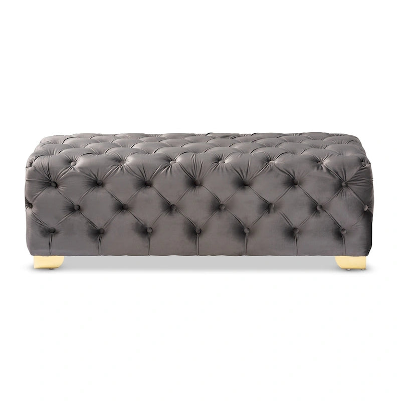 Banc Pouf capitonné en velours avec pieds dorés, plusieurs coloris disponibles