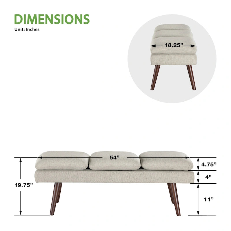 Banc d'appoint rembourré de style Mid-Century Modern avec coussin capitonné et pieds fuselés