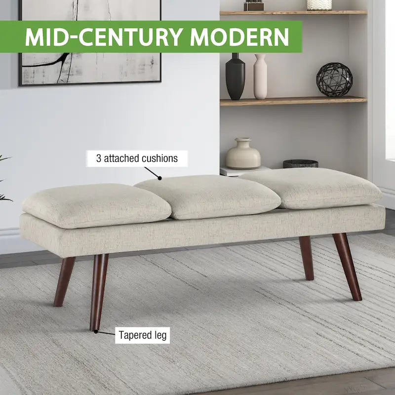 Banc d'appoint rembourré de style Mid-Century Modern avec coussin capitonné et pieds fuselés