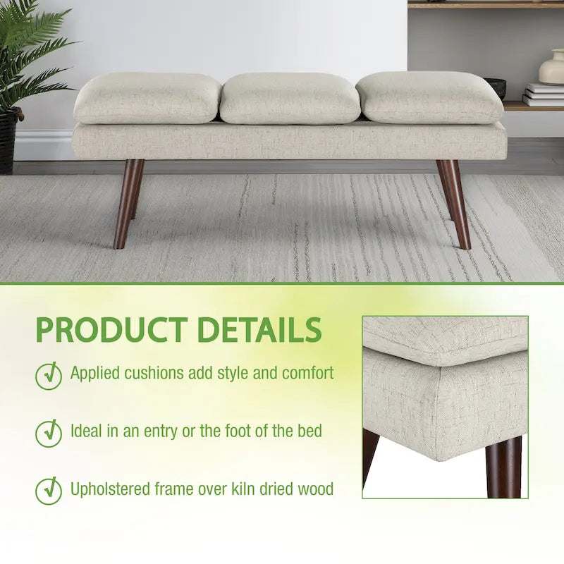Banc d'appoint rembourré de style Mid-Century Modern avec coussin capitonné et pieds fuselés