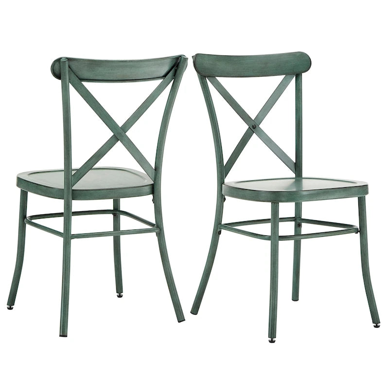 Chaise de salle à manger en métal à dossier en X, fini rustique imitation bois, style antique