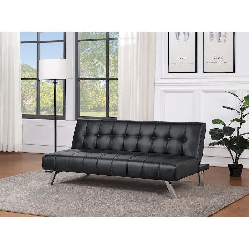 Banquette-lit Futon convertible capitonnée avec pieds en acier inoxydable, Gris Bleu Noir