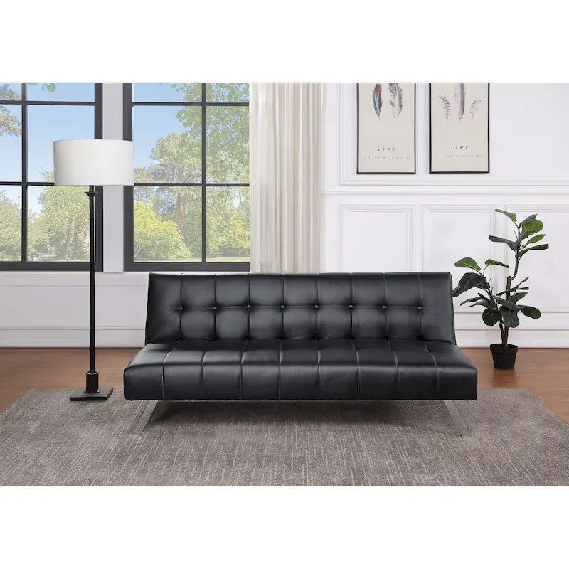 Banquette-lit Futon convertible capitonnée avec pieds en acier inoxydable, Gris Bleu Noir