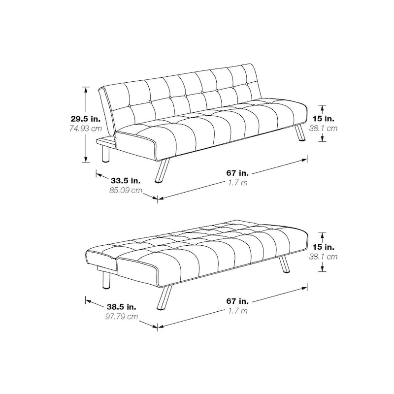 Banquette-lit Futon convertible capitonnée avec pieds en acier inoxydable, Gris Bleu Noir